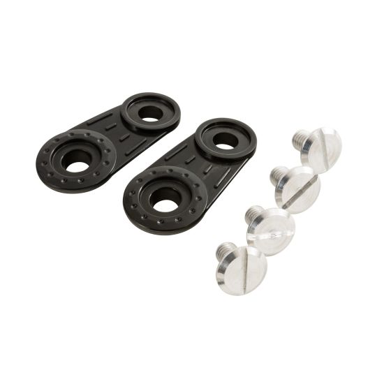 Black plastic visor pivots with circular cutouts and textured surfaces, accompanied by two clear screws, designed for OMP helmet models GP 8 EVO, GP 8K EVO, and KJ-8 EVO.