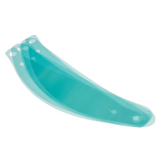 Transparent teal visor tear-offs designed for OMP GP8 Evo, GP8K Evo, and KJ8 helmets, featuring multiple layers with pre-cut holes for easy attachment.
