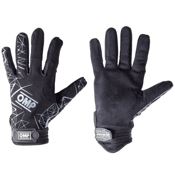 Black OMP Workshop EVO Mechanics Gloves in size L, featuring a textured grip, elastic wrist closure, and a geometric pattern on the back for added style and functionality.