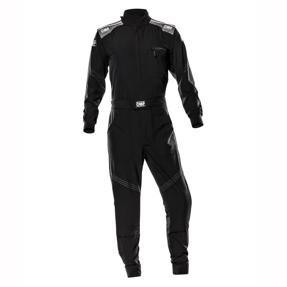 Black mechanics overalls made from stretch material, featuring a zippered chest pocket, OMP branding on the shoulders, and contrasting stitching for added detail. Size 64.