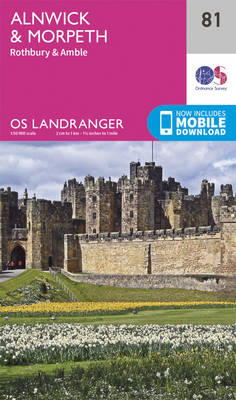 Pink map cover featuring "Landranger 81 Alnwick & Morpeth, Rothbury & Amble" with a photo of a stone castle and flowers, includes a digital download option.