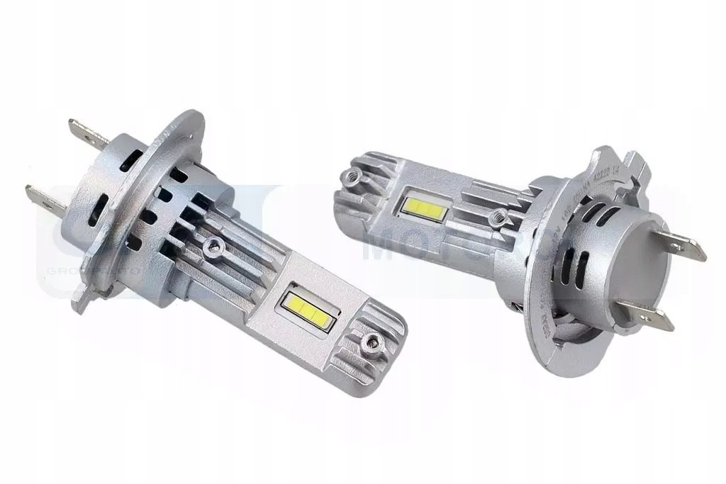 Two H7 LED bulbs by Osram, featuring a silver metallic housing with cooling fins, a central LED strip, and a standard base for easy installation.