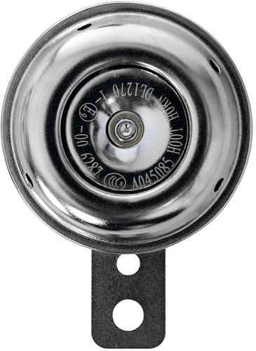 Chrome motorcycle horn with a loud 105db output, featuring a round design and a black mounting bracket for easy installation.
