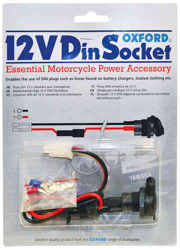 Oxford 12V SAE/Din socket with a black plastic housing, featuring red and black wiring and connectors, designed for motorcycle power accessories and heated clothing.