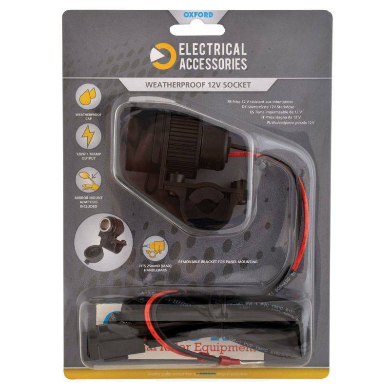 Weatherproof 12V socket by Oxford, featuring a black plastic casing, red and black wires, and a removable bracket for easy mounting, packaged for electrical accessories.