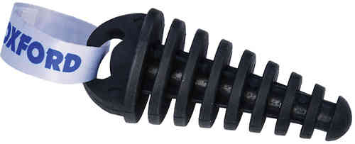 Black rubber exhaust pipe wash plug with a ridged design and a white Oxford label attached, designed for men’s motorcycles.