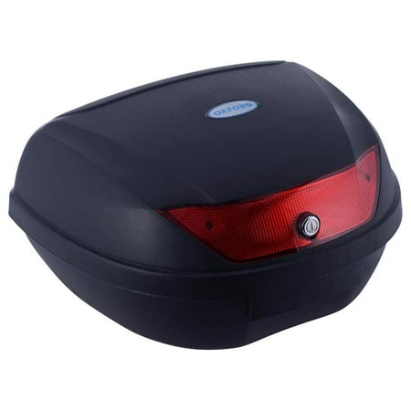 Black motorcycle top case by Oxford featuring a sleek design, a red reflective rear light, and a secure locking mechanism for added safety.