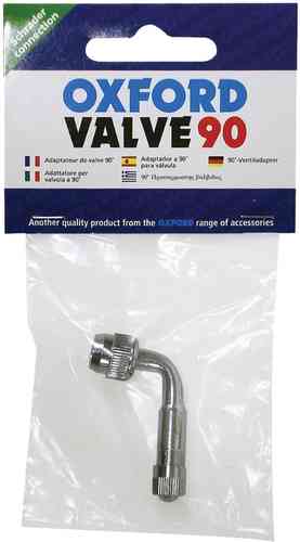 Silver metal Oxford Valve90 adaptor with a 90-degree angle, packaged in a clear plastic bag with a colorful header featuring the brand name and product details.