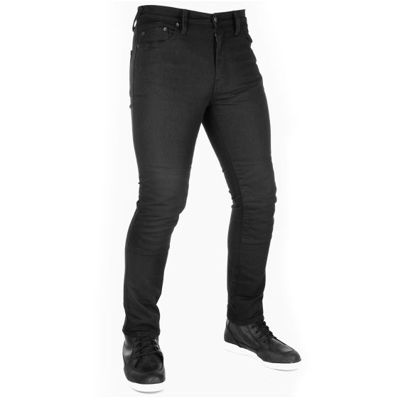 Black slim-fit motorcycle jeans made from durable material, featuring a classic five-pocket design and a sleek, modern silhouette, ideal for riding.
