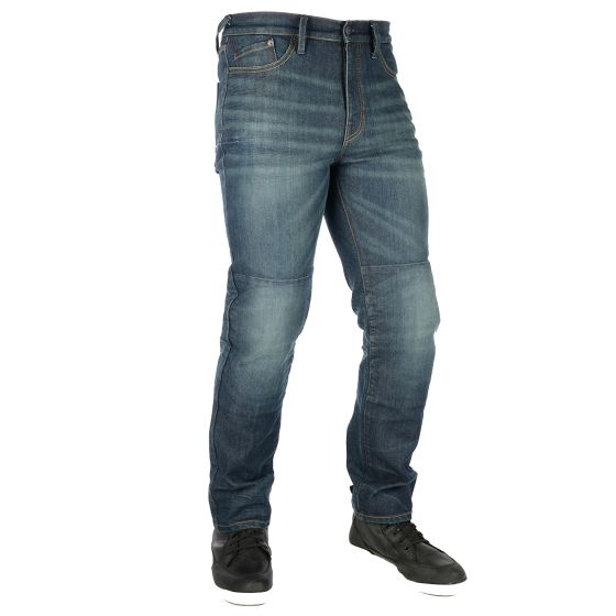 Dark blue denim motorcycle jeans with a straight fit, featuring reinforced knee panels and a 3-year durability rating, designed for men's regular sizing.