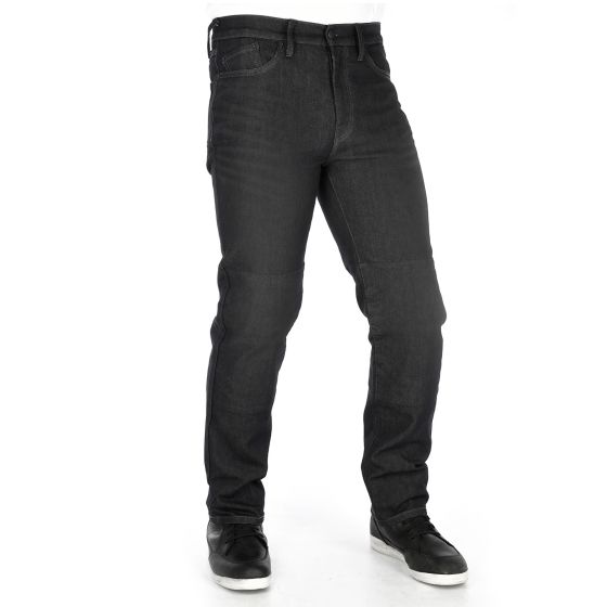 Black straight-fit motorcycle jeans made from durable material, featuring reinforced stitching and a classic five-pocket design, suitable for men in size 38 long.