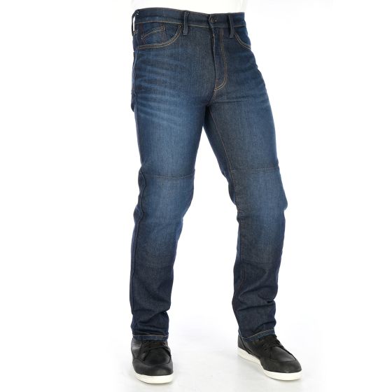 Dark aged blue denim motorcycle jeans with a straight fit, featuring reinforced knee panels and a classic five-pocket design, suitable for men in size 40 regular.