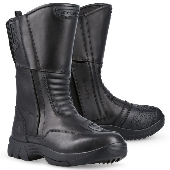 Black leather Oxford Advanced Continental Motorcycle Boots, size EUR 47, featuring a textured rubber sole, reinforced toe, and waterproof design for durability and comfort.