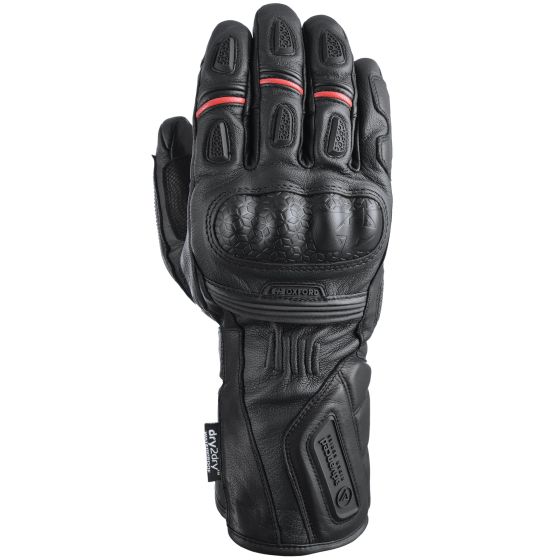 Black leather motorcycle gloves with padded knuckles, red accents, and reinforced palm, designed for comfort and protection, available in 3XL size.