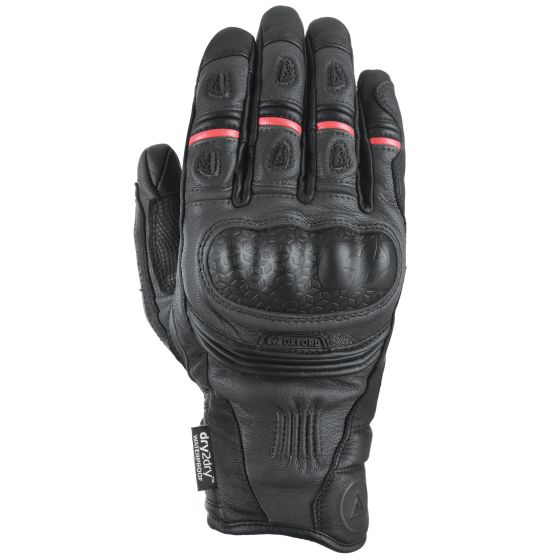 Black leather motorcycle gloves featuring padded knuckles, red accent stripes, and reinforced palms for enhanced grip and protection.