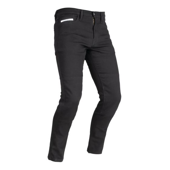 Black super stretch slim motorcycle jeans with a sleek design, featuring a zip fly, five pockets, and reinforced stitching for durability, size 40 short.