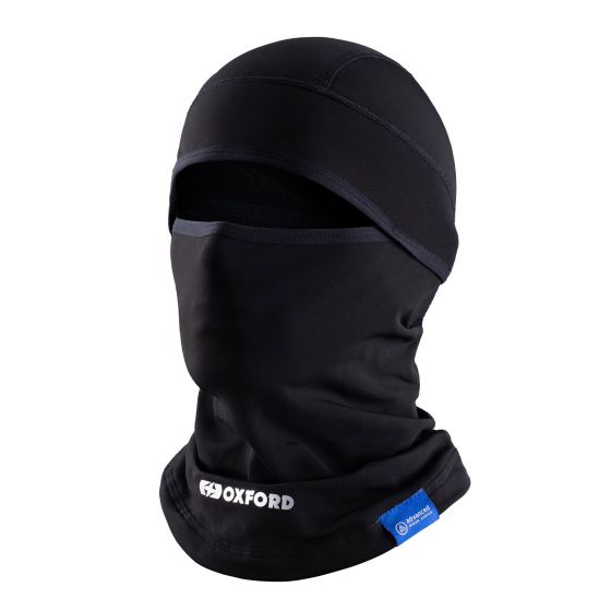 Black Oxford Advanced Warmdry balaclava made of soft, stretchy material, featuring a snug fit, full face coverage, and a logo on the front for added visibility.