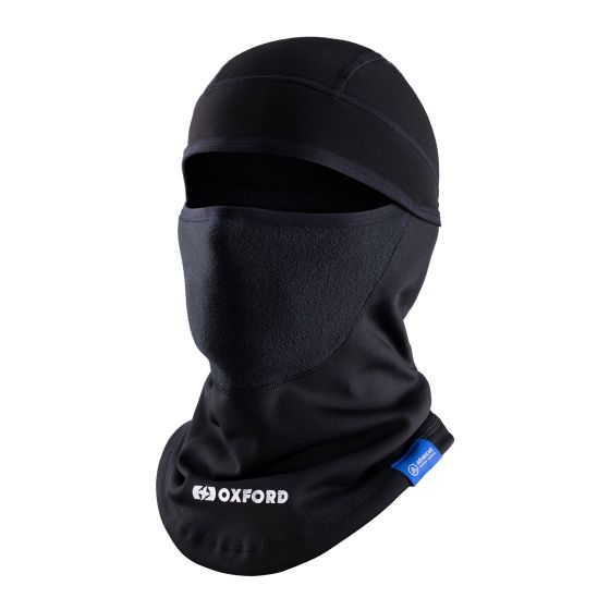 Black windproof balaclava made of soft, stretchy material, featuring a fleece lining, a snug fit, and the Oxford logo on the front.