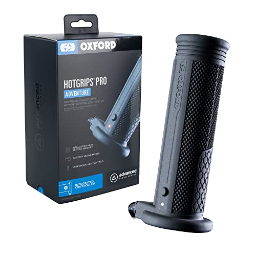 Black rubber heated grip with textured surface for enhanced grip, featuring an integrated controller, displayed alongside its packaging by Oxford HotGrips Pro.