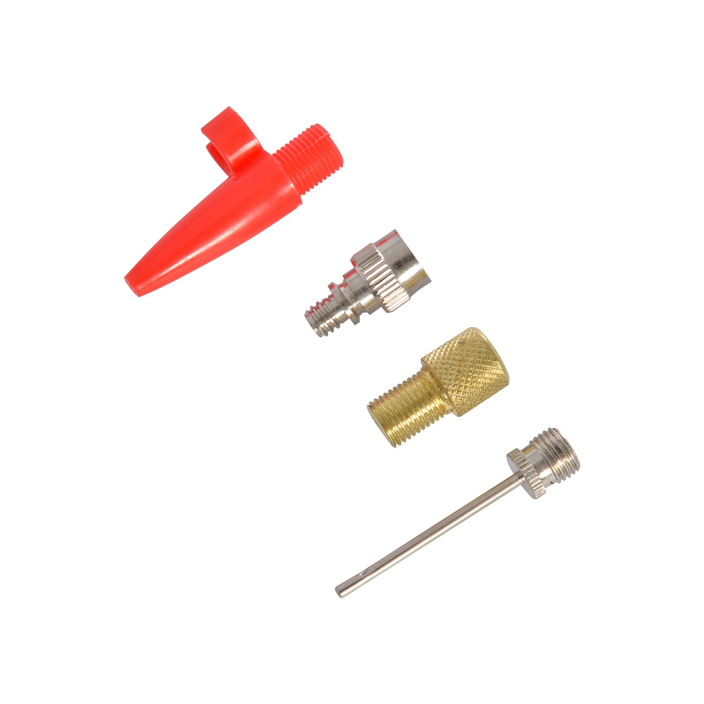Oxford Air Valve Adaptor Kit featuring a bright red plastic nozzle, a silver metal valve, a gold-colored threaded adaptor, and a silver metal stem, all arranged neatly.