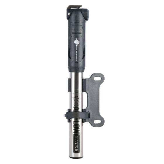 Compact black and silver Mini Pump OXC Airflow by Oxford, featuring a textured grip, a foldable nozzle, and a mounting bracket for easy attachment to a bike frame.