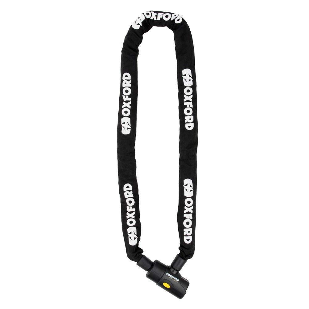 Black chain lock with alarm, featuring a durable fabric cover, 2 meters in length, and a sturdy locking mechanism, prominently displaying the Oxford logo.