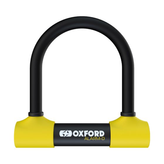 Black and yellow high-security motorcycle D lock by Oxford, featuring a sturdy U-shape design and a prominent 120dB alarm for enhanced theft protection.