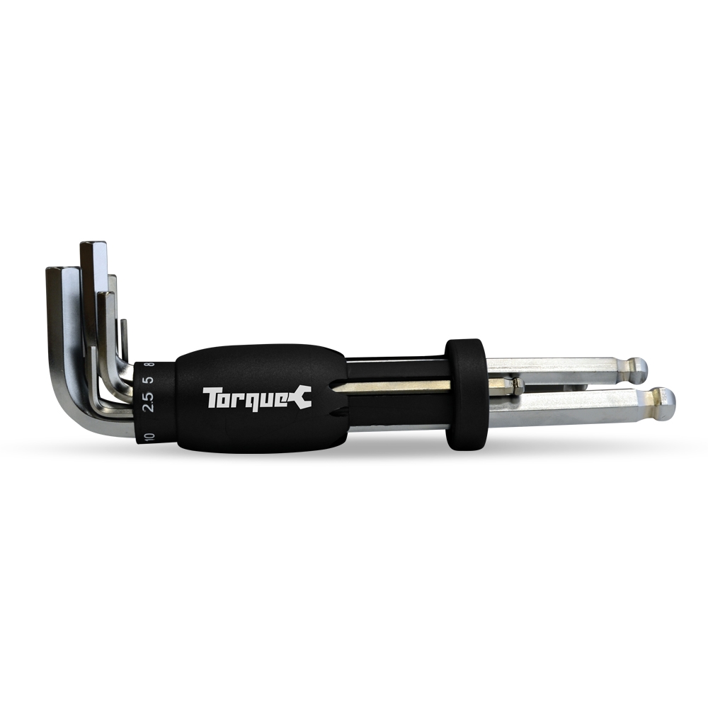 Black ergonomic handle with silver metal hex keys ranging from 1.5mm to 10mm, featuring a compact design for easy storage and use.