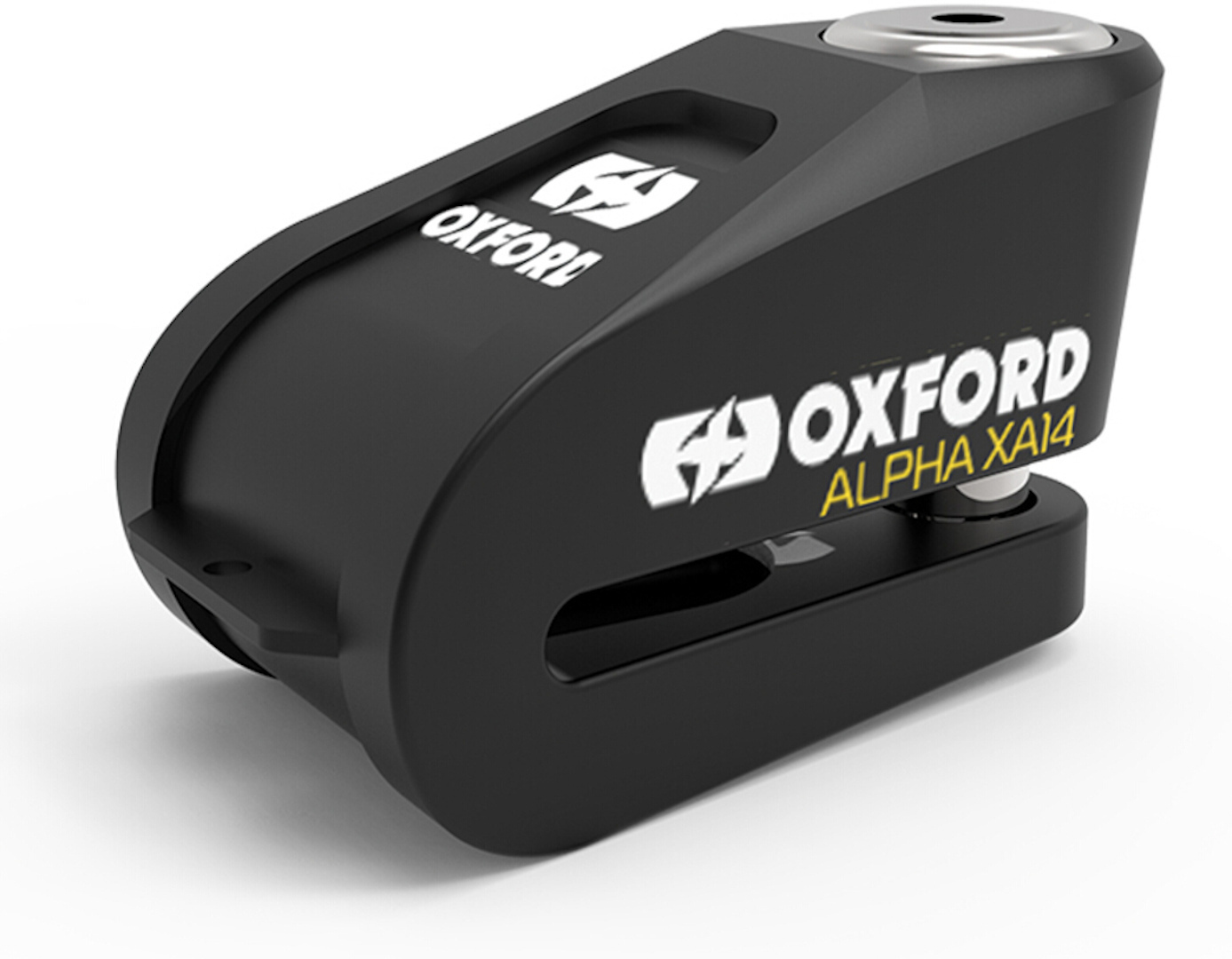 Black Oxford Alpha XA14 brake disk lock featuring an integrated alarm system, with a sleek design and prominent white and yellow branding.
