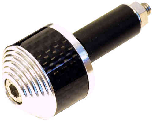 Silver aluminium motorcycle carb ends with a textured black grip and a shiny, ribbed top, featuring a hexagonal fitting for easy installation.
