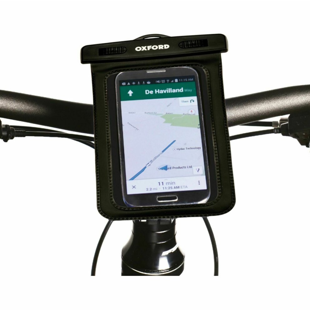 Black weatherproof phone mount by Oxford, designed for cycle handlebars, featuring a clear touchscreen cover and secure fitting for navigation on the go.