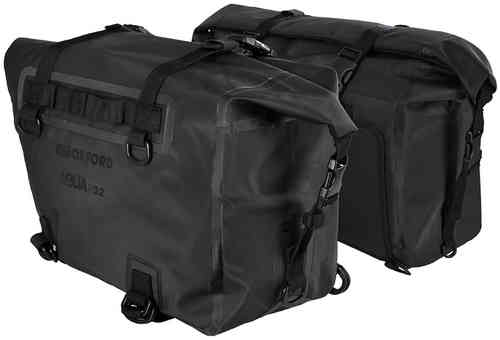 Black waterproof tail bag with adjustable straps, featuring a roll-top closure and durable material, designed for secure storage on motorcycles.