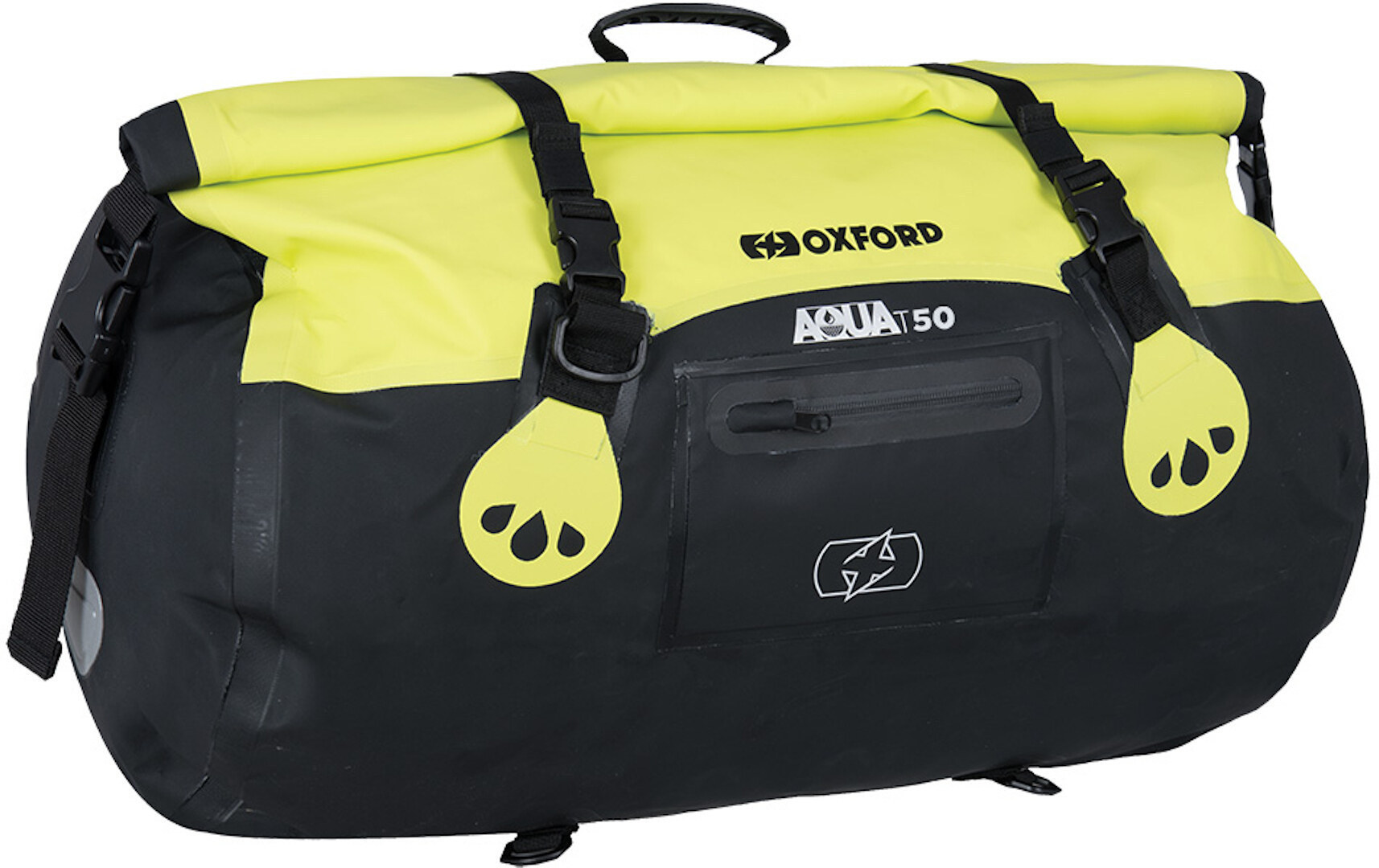 Black and fluorescent yellow waterproof roll bag with a capacity of 50L, featuring adjustable straps, a front zip pocket, and a sturdy handle for easy transport.