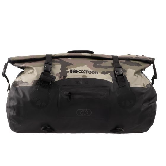 Oxford Aqua T-50 roll bag in black, beige, and brown camouflage, made from waterproof material, featuring adjustable straps and a large 50 L capacity.