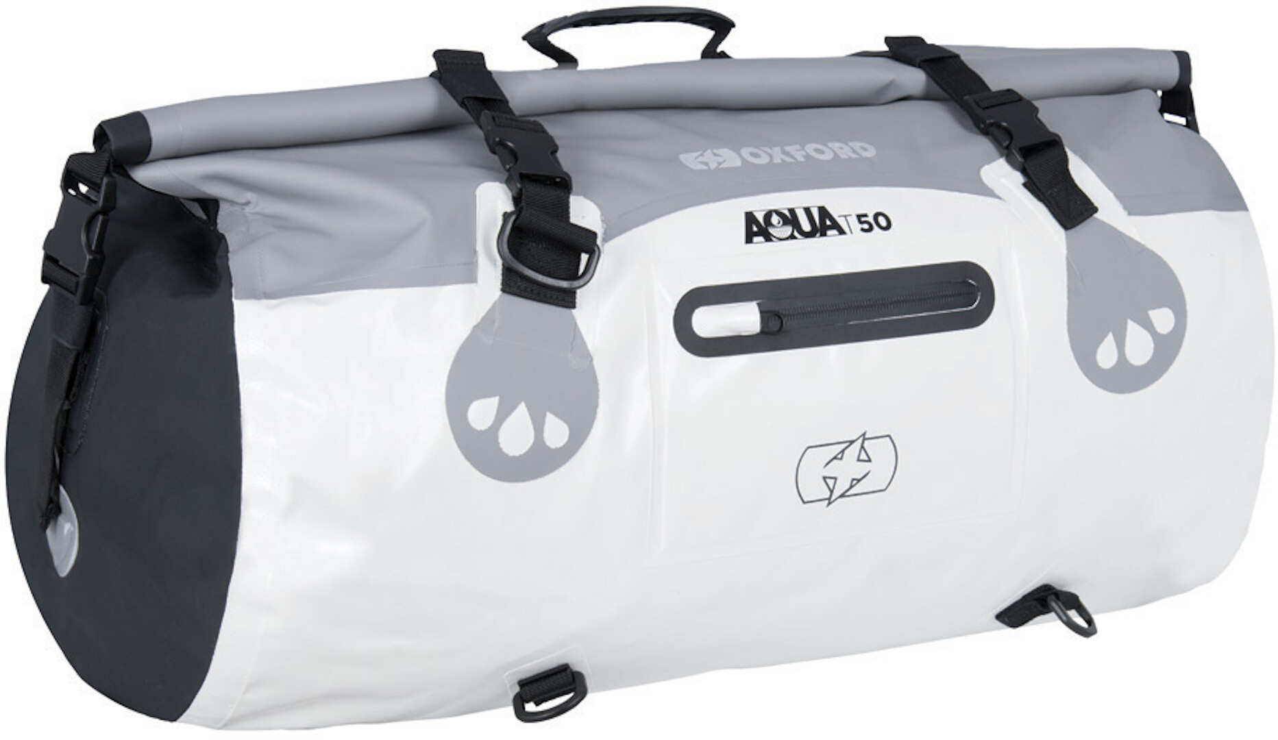 Grey and white Oxford Aqua T-50 roll bag, 50L capacity, made of durable waterproof material, featuring adjustable straps, a top handle, and a secure roll-top closure.