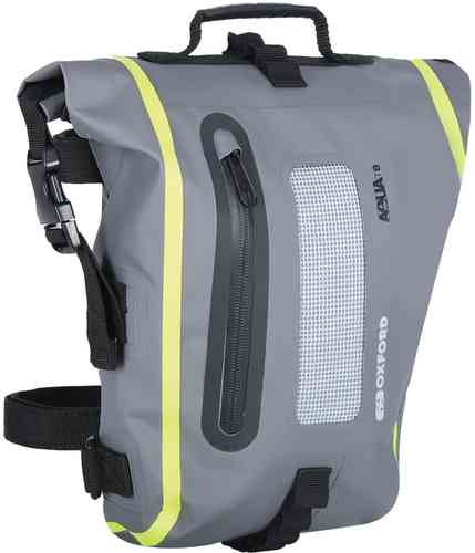 Waterproof roll top tail pack in black and grey with fluo yellow accents, featuring a mesh pocket, adjustable straps, and a sturdy handle for easy carrying.