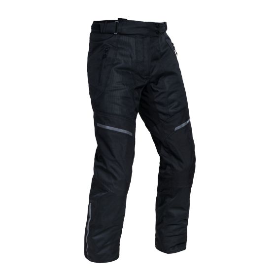 Black textile pants for women by Oxford, featuring reflective strips, adjustable waistband, and a sleek design, size 44.