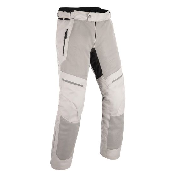 Light grey textile pants for women by Oxford, featuring a black accent, multiple zippered pockets, and reinforced knee areas, size 38.