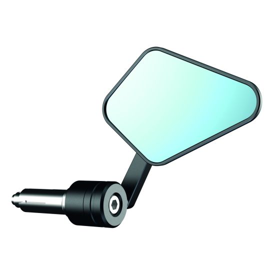 The OXFORD OX511 Mirror features a sleek, angular design with a reflective glass surface and a black plastic mounting arm, ideal for motorcycle use.