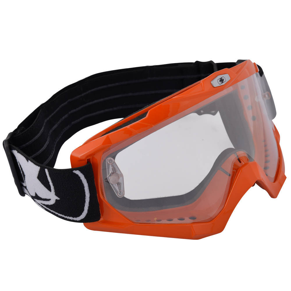 Orange Oxford Assault Pro Goggles feature a sturdy frame, clear lens, and a black adjustable strap with white detailing for a secure fit during outdoor activities.