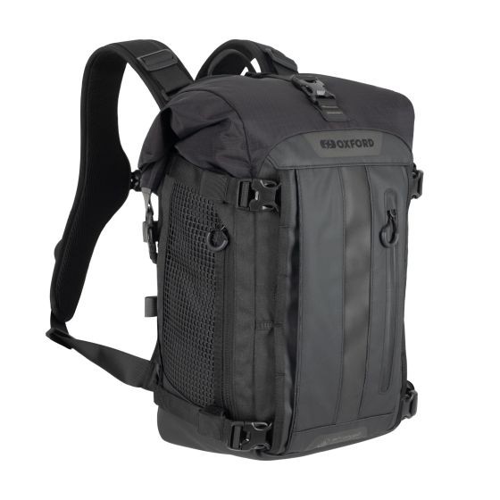 Black waterproof Oxford Atlas Advanced B-20 backpack features a roll-top closure, adjustable straps, mesh side pockets, and a spacious 20L capacity for versatile use.