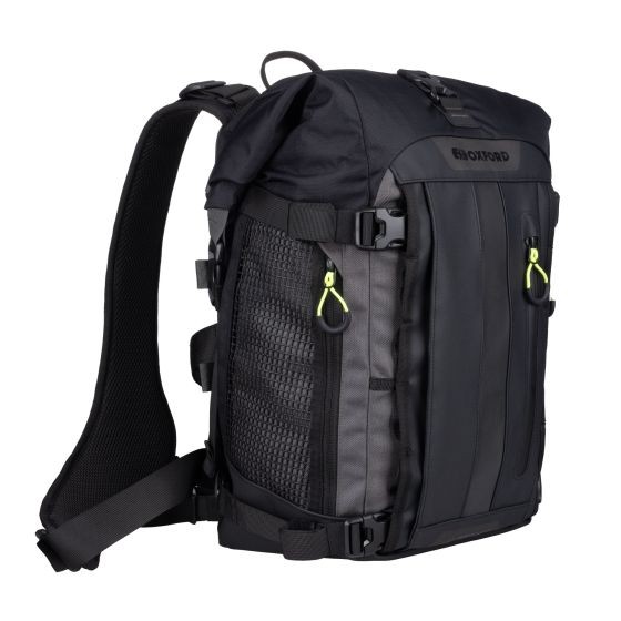 Black and dark grey waterproof Oxford Atlas Advanced B-20 backpack features adjustable straps, mesh side pockets, and a roll-top closure for secure storage.