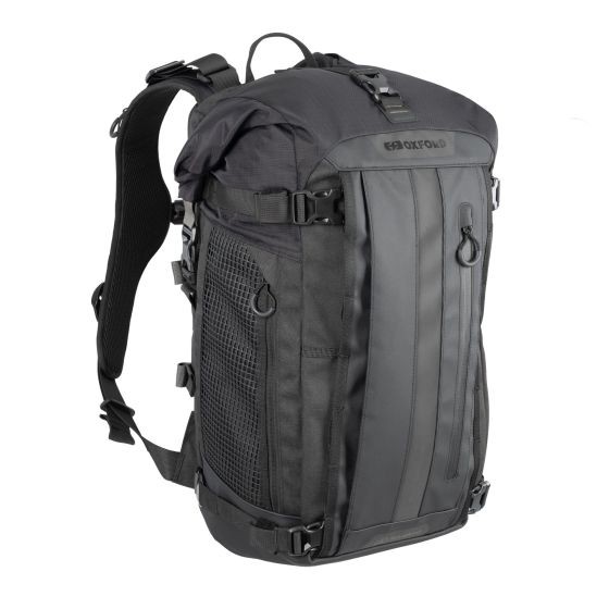 Black waterproof Oxford Atlas Advanced B-30 backpack features a spacious 30 L capacity, adjustable straps, mesh side pockets, and a sturdy top handle for easy carrying.