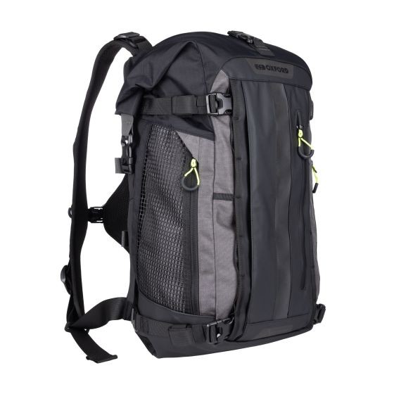 Waterproof black and dark grey Oxford Atlas Advanced B-30 backpack with 30L capacity, featuring adjustable straps, mesh side pockets, and secure buckles.