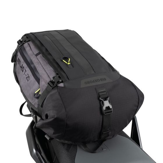 Waterproof Oxford Atlas T-20 luggage bag in black and dark grey, featuring a sleek design, adjustable straps, and a capacity of 20 liters, ideal for outdoor adventures.