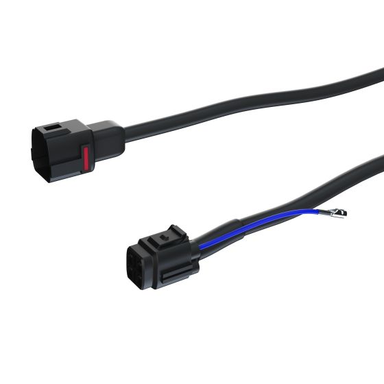 Black auxiliary lights switch extension lead with two connectors; one features a red tab, while the other has exposed wires in blue and black, designed for easy installation.