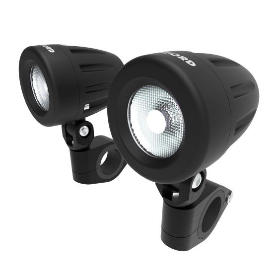 Black Oxford 10W Auxiliary LED Light Set featuring two compact, round lights with a textured finish and adjustable mounting brackets for easy installation.