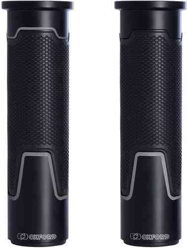 Black rubber motorcycle handlebar grips with textured surface for enhanced grip, featuring Oxford branding and a sleek, modern design.
