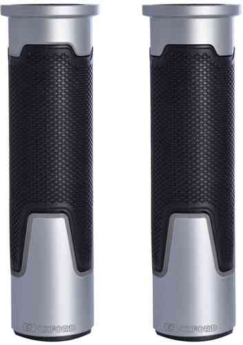 Silver motorcycle handlebar grips with a textured black rubber surface and a sleek design, featuring the Oxford logo at the base.