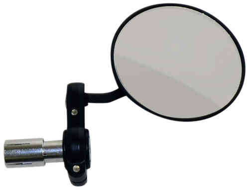 Round, silver mirror with a black plastic housing and adjustable arm, designed for motorcycle use, featuring a chrome mounting socket.
